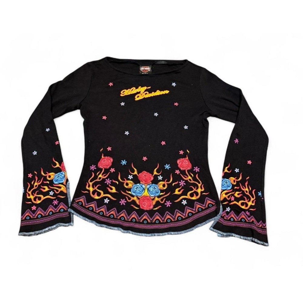 Harley Davidson Women's M Black Floral Embroidered Flame Long Sleeve Shirt Y2K